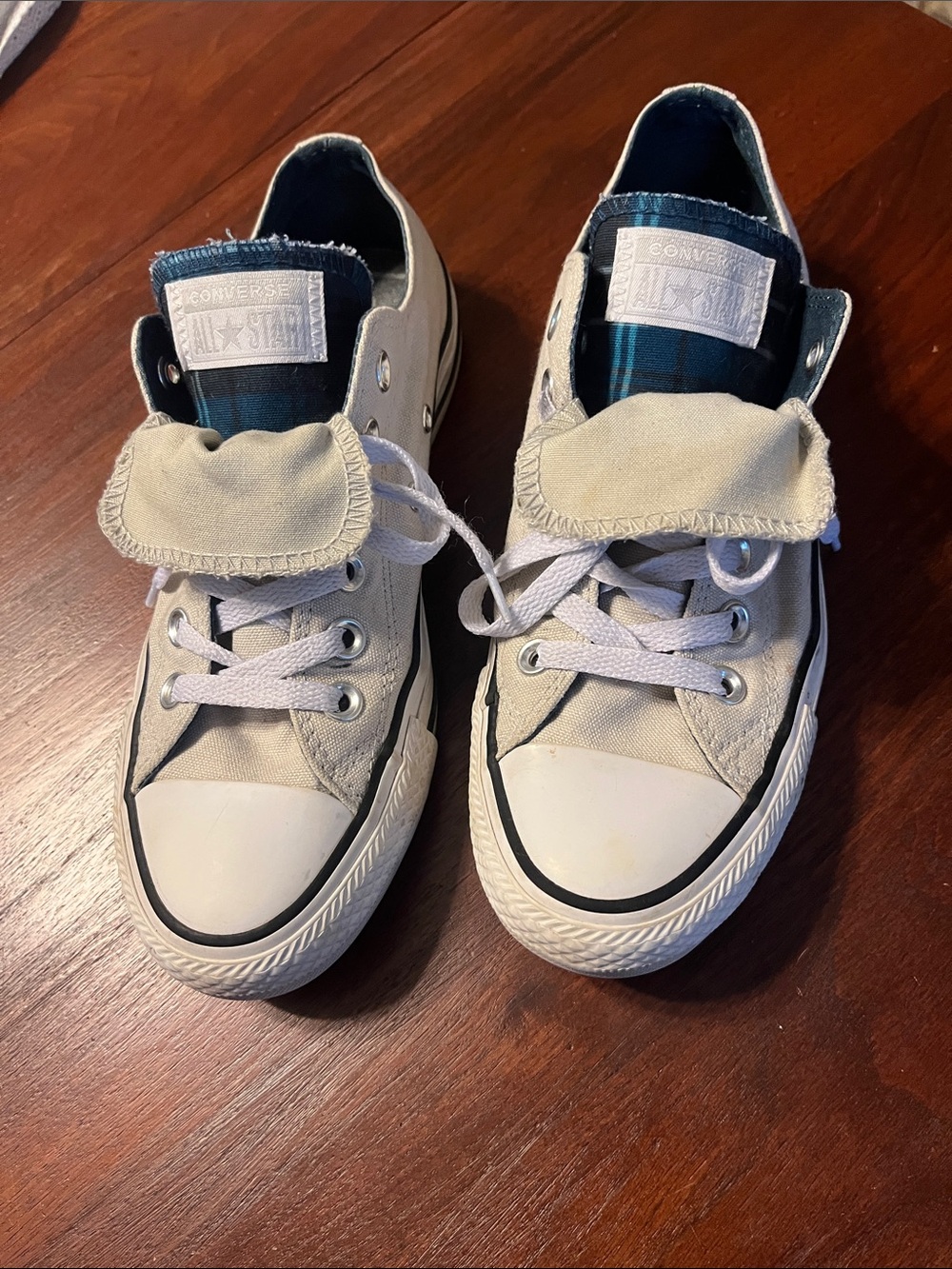 Converse Low Top Canvas Sneakers in Light Gray and White with Blue Plaid Lining